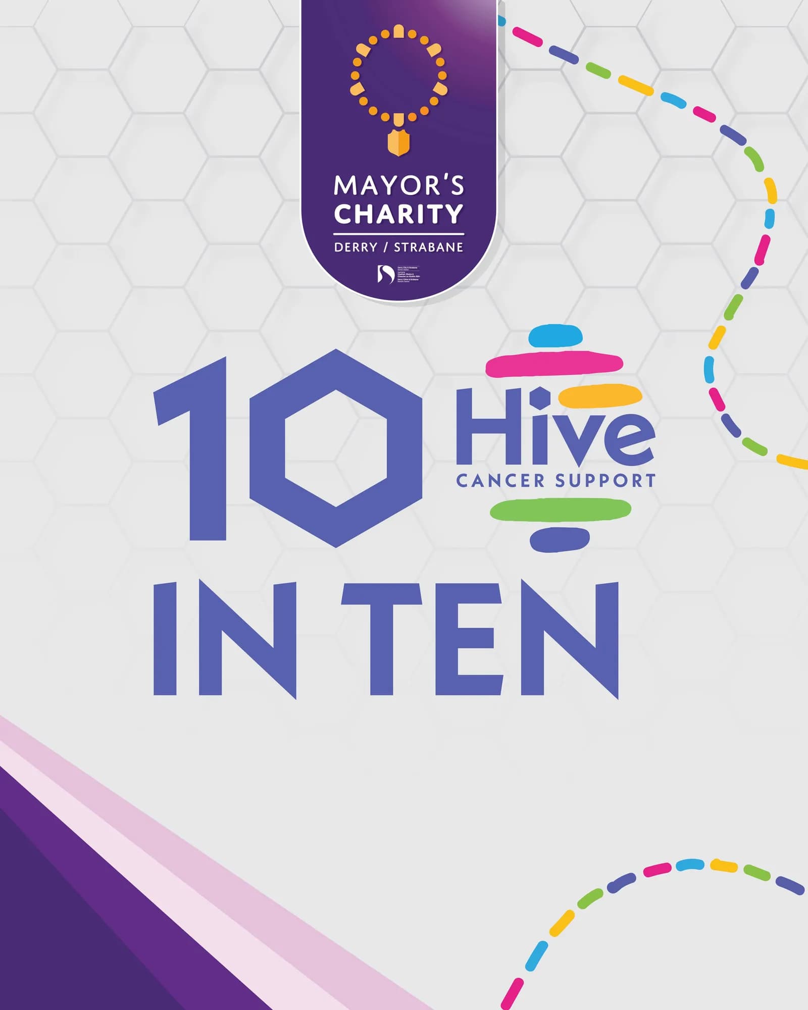 A magenta and purple banner for Mayor's Charity Derry/Strabane with an ornate necklace icon, and blue text '10 IN TEN Hive CANCER SUPPORT' on a hexagonal patterned background.